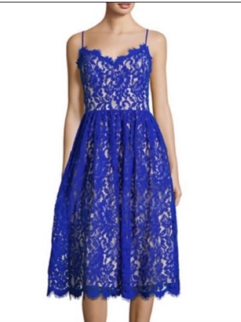 Eliza J size 12 Cobalt Blue Lace Midi Dress Spaghetti Strap Pockets Semi Formal